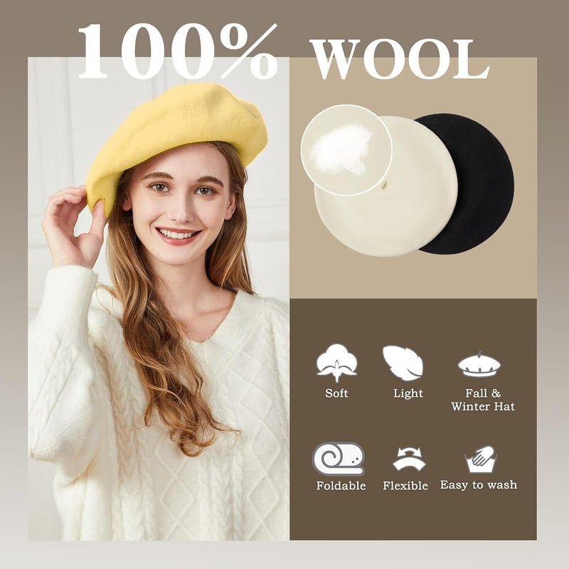 recapitula XXL 100% Wool French White Beret Hats for Women Man Painter hat Classic Painter's Hat Girl Solid Color Classic - Image 2